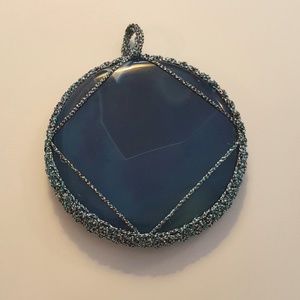 Blue Onyx Pendant Artist Made Silver Embroidery NA
